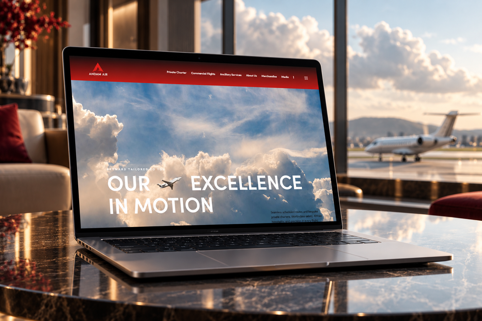 Andam Air website presented on a laptop in an executive airport lounge