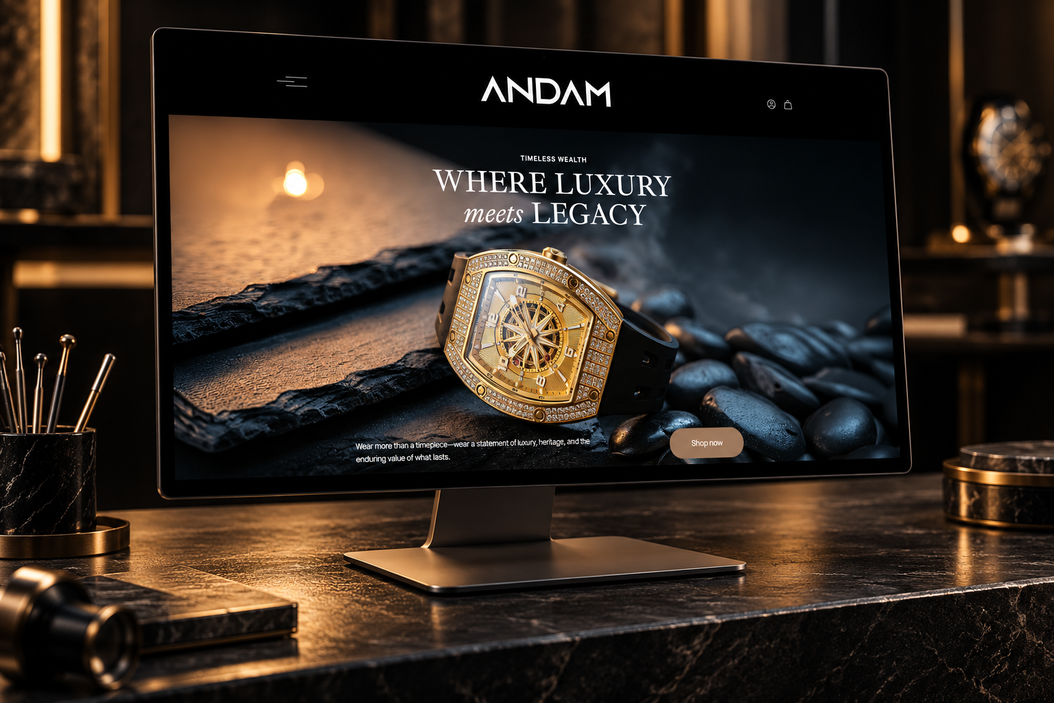 Andam Watches website presented on a premium display in a luxury atelier