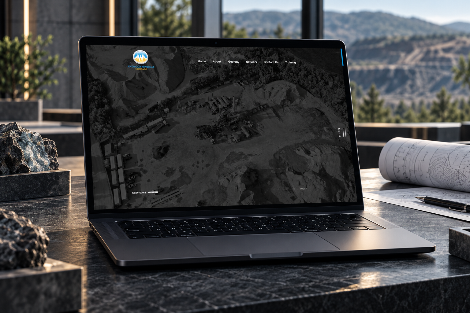 Androco Sustainable Mining website presented on a laptop in a modern operations studio