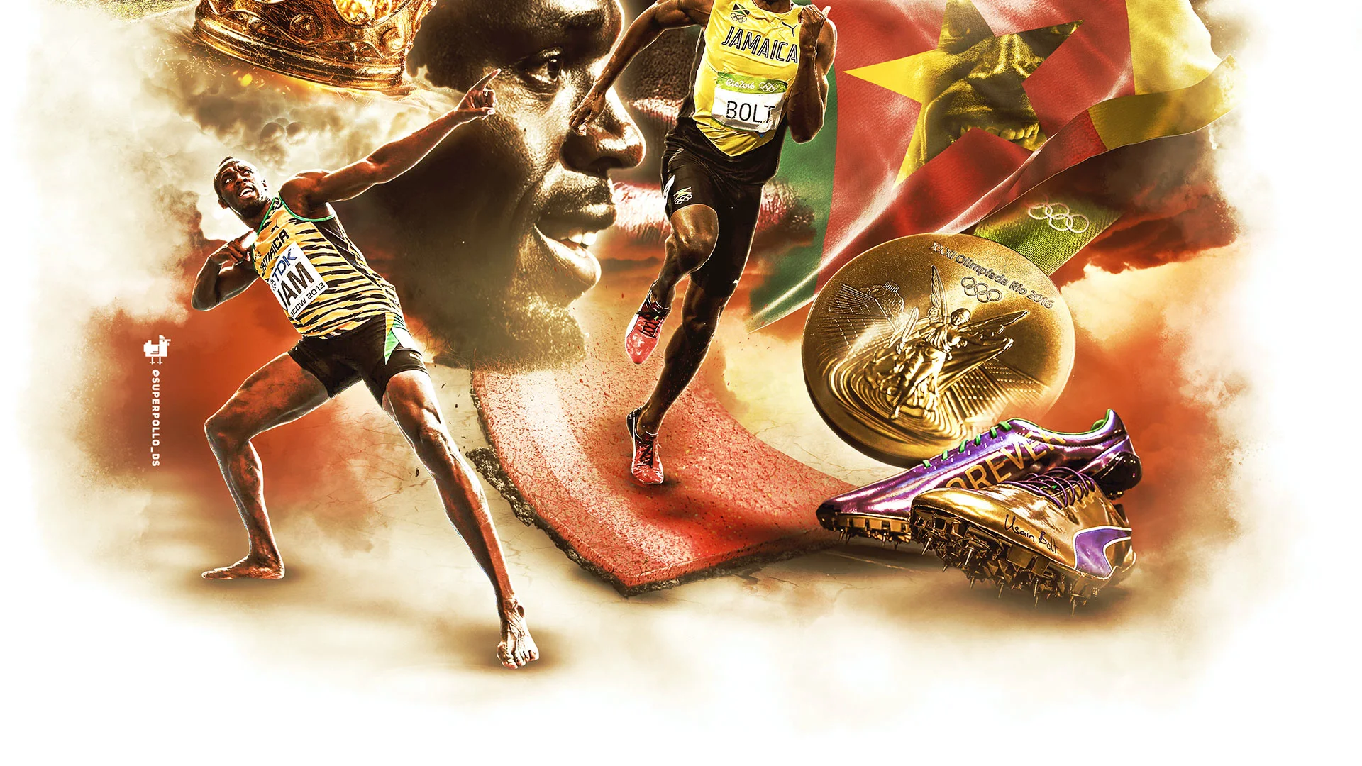 Usain Bolt artwork details with medals and sprinting shoes