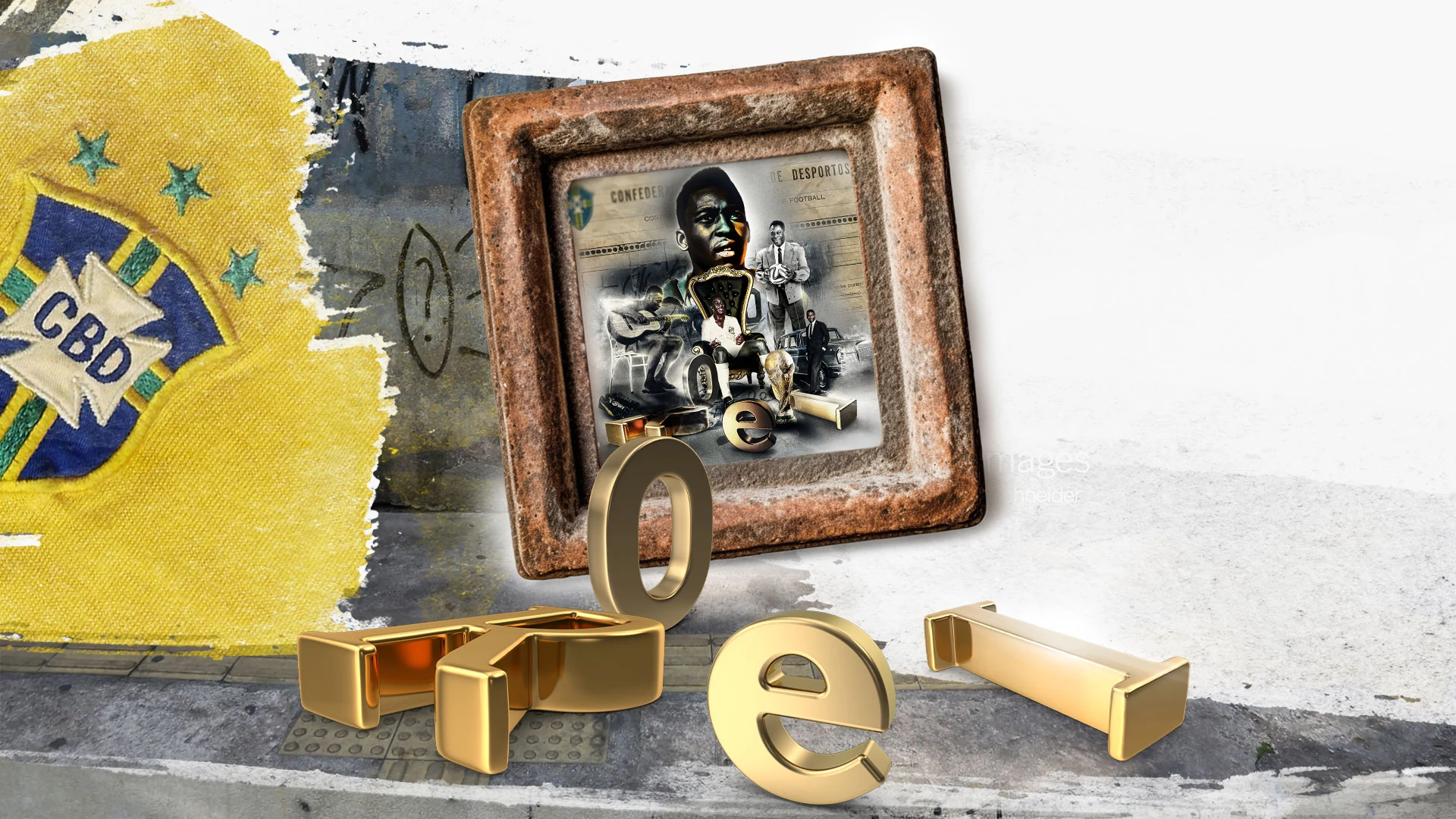 O Rei artwork details, Brazilian football textures and golden typography