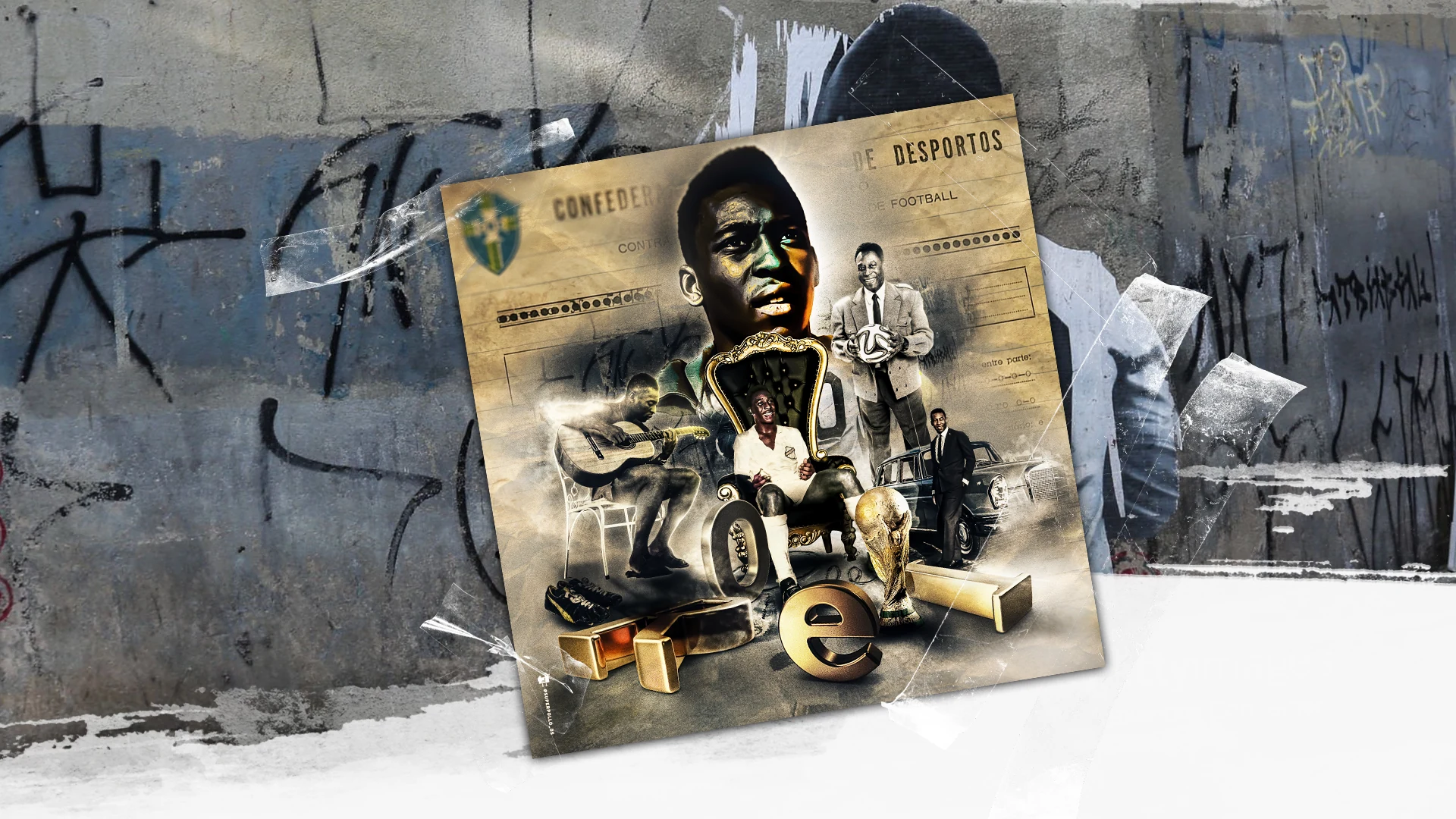 Final O Rei Pelé artwork poster presented in an urban setting